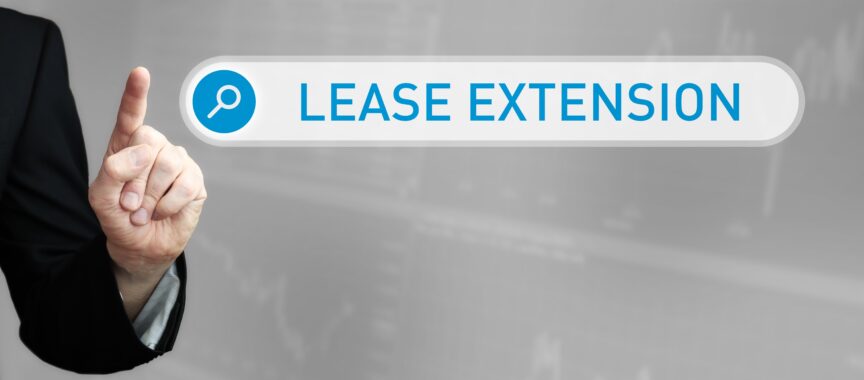 Man in a suit points a finger at a search box. The word Lease Extension is in the search. Symbol for business, finance, statistics, analysis, economy